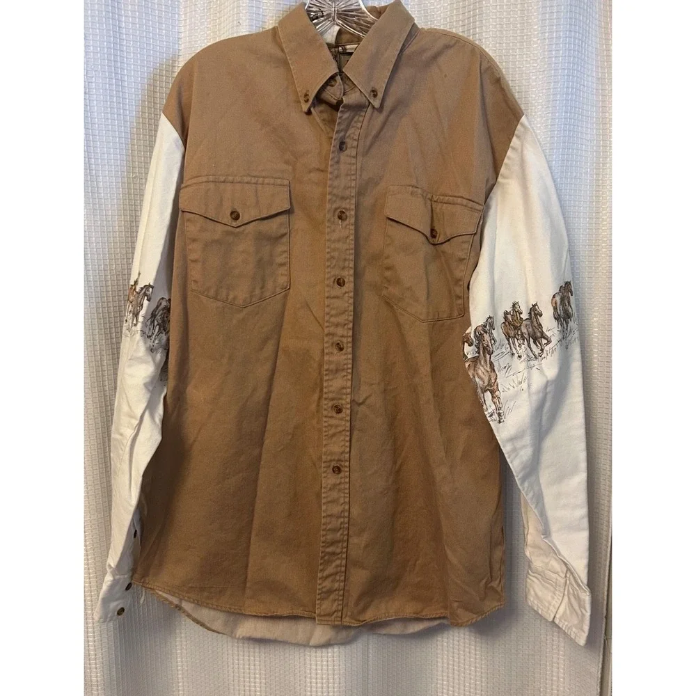 VTG Roper Mens Horses Print Tan & White Long Sleeve Western Shirt Size XL